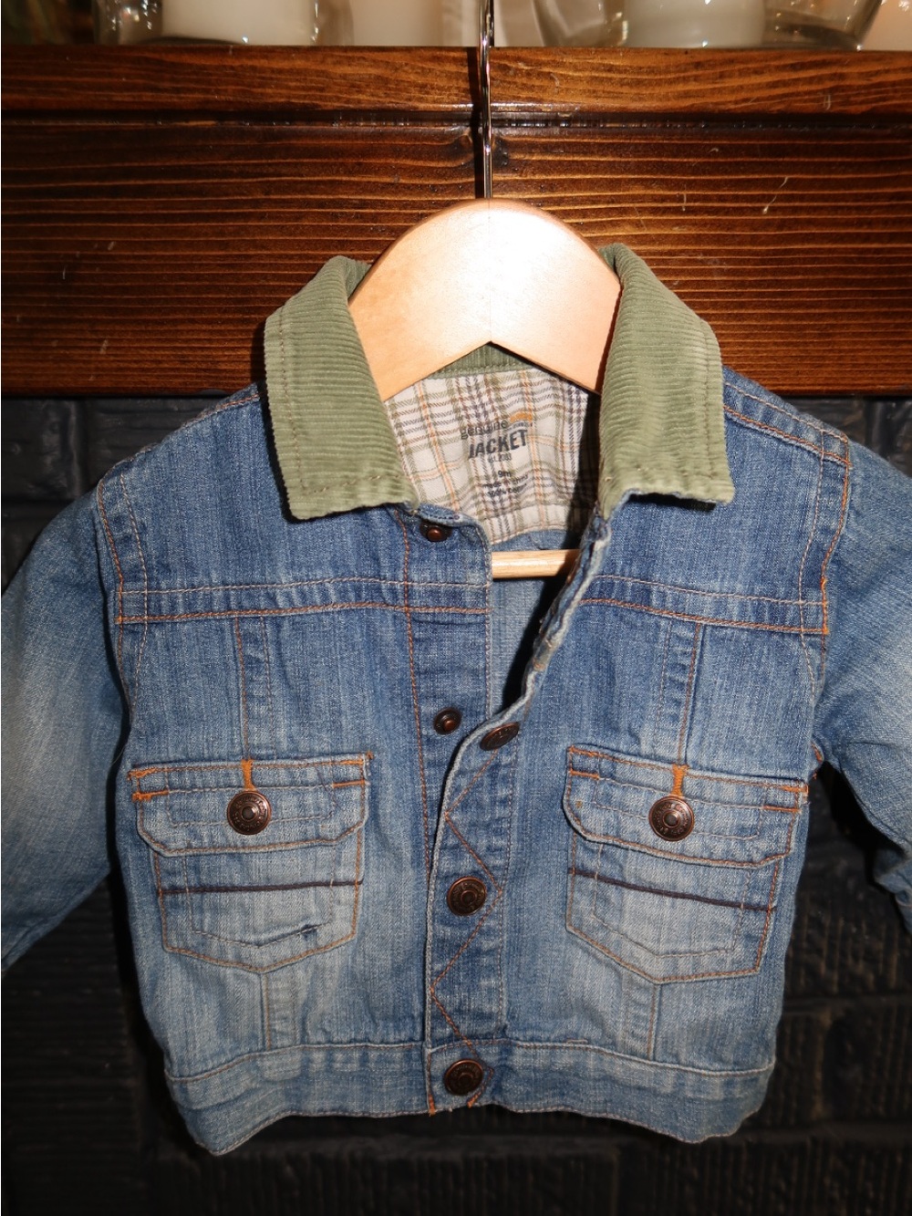 Oshkosh Baby Denim Jacket with Green Corduroy Collar and Elbow Patch